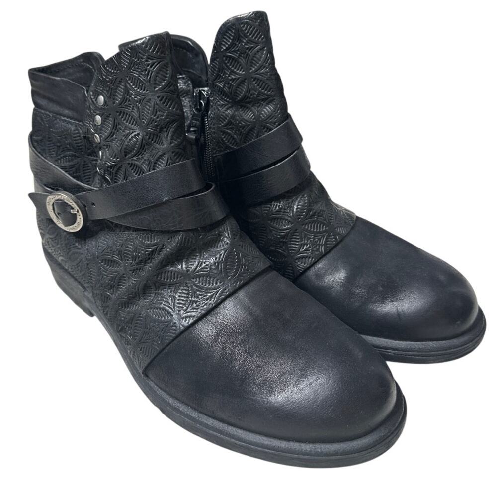 Miz Mooz Pixie Boots Ankle Booties Black Sliver Moto Style Boots Leather Straps - Picture 2 of 9